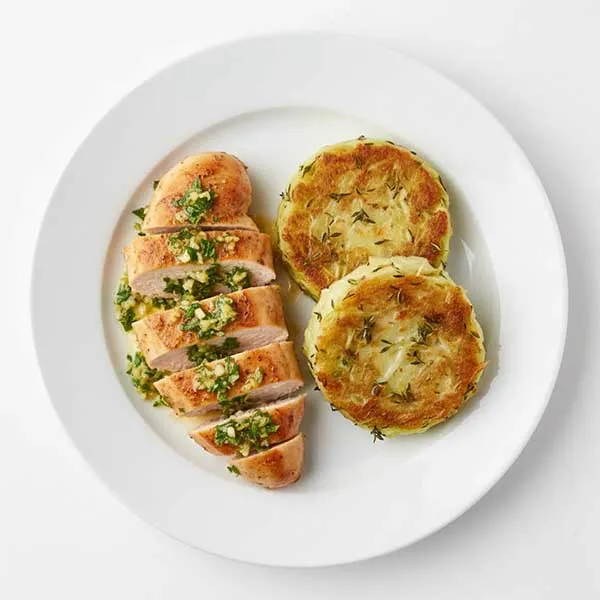Butter herb garlic gremolata chicken with thyme cabbage patty
